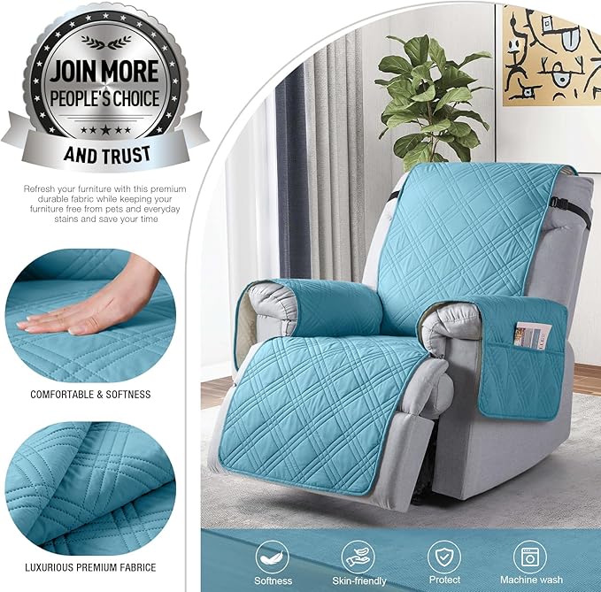 TAOCOCO Waterproof Recliner Chair Covers 30 Inch Wide, Oversized Recliner Covers for Recliner Chair with Pocket, Recliner Slipcovers with Straps Furniture Protector for Kids Pets (30'', Sky Blue)