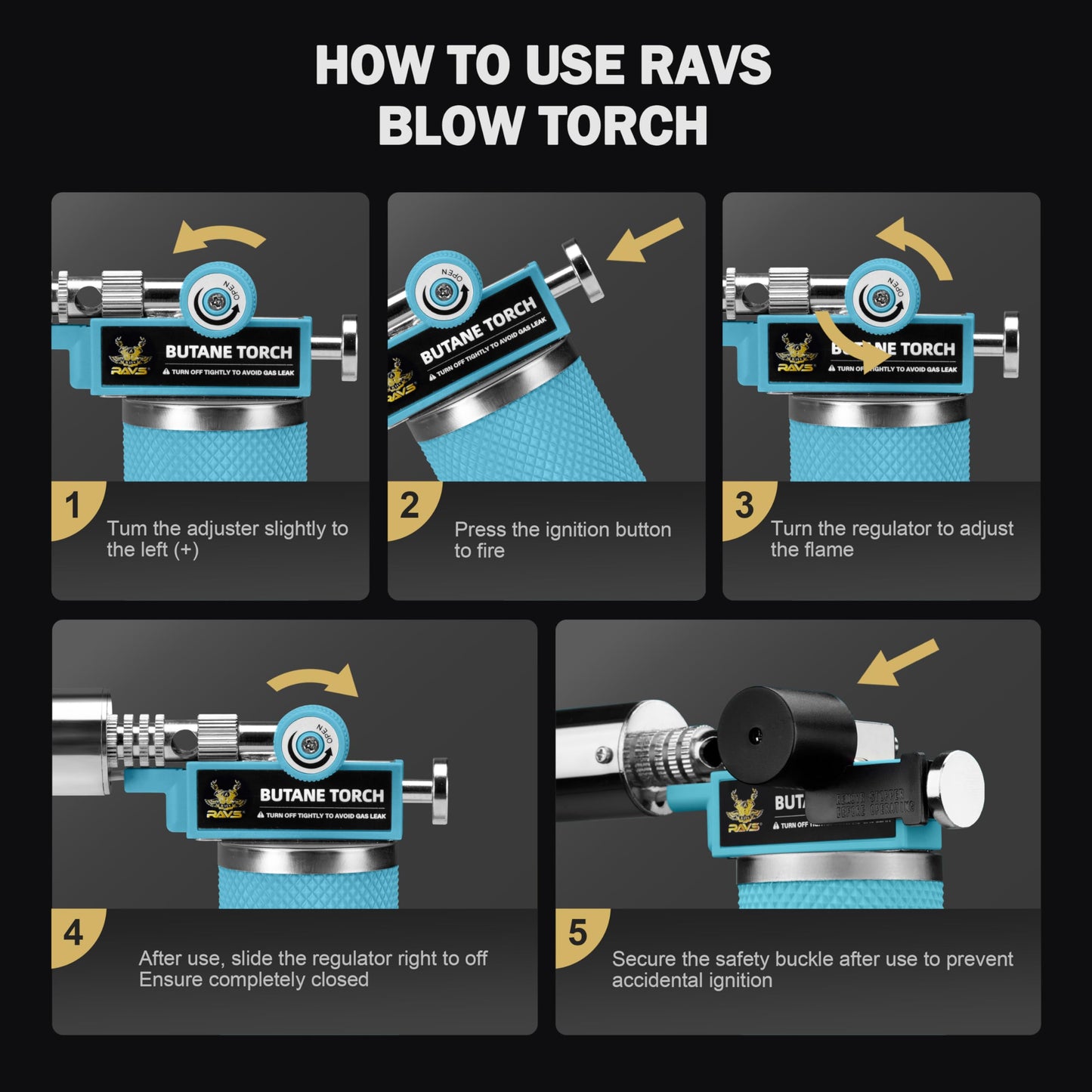 RAVS Butane Torch Lighter, Refillable Kitchen Torch with Safety Lock and Adjustable Flame, Creme Brulee Torch for Baking, BBQ, Blue Blow Torch for Cooking, Mens Gifts, Butane Gas Not Included