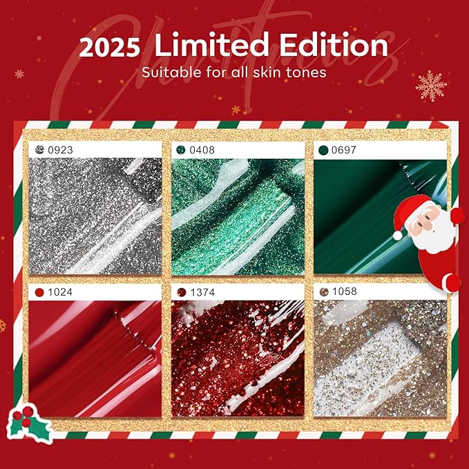 modelones Gel Nail Polish Set, 6 ColorsSparkle Dark Green Red Silver Champagne Rose Gold Glitter Gel Polish Kit New Year Soak Off Nail Art Manicure Salon DIY Home Gift