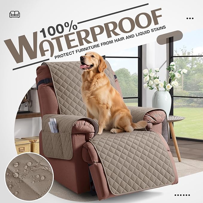 KinCam 100% Waterproof Recliner Chair Cover, Reclining Couch Covers for Pets, Dogs, Recliner Couch Slipcover Furniture Protector with Elastic Straps for Kids(23.6", Taupe)