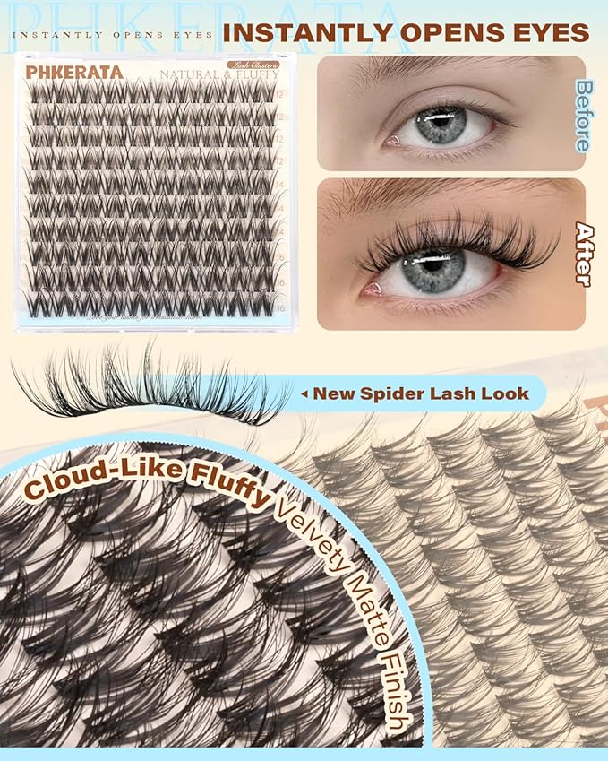 PHKERATA Spider Natural Lash Clusters Wispy Eyelash Clusters, Fluffy Cluster Eyelash Extensions with Invisible Clear Band, Russian D Curl 12-14-16mm DIY Individual Lashes