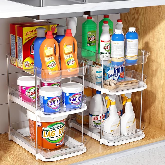 Delamu 2 Sets of 3-Tier Bathroom Under Sink Organizers and Storage, Multi-Purpose Stackable Pantry Organization and Storage, Pull Out Clear Kitchen Bathroom Cabinet Organizer with Movable Dividers | Storage, Multi-Purpose, Stackable, Pantry Organizatio...