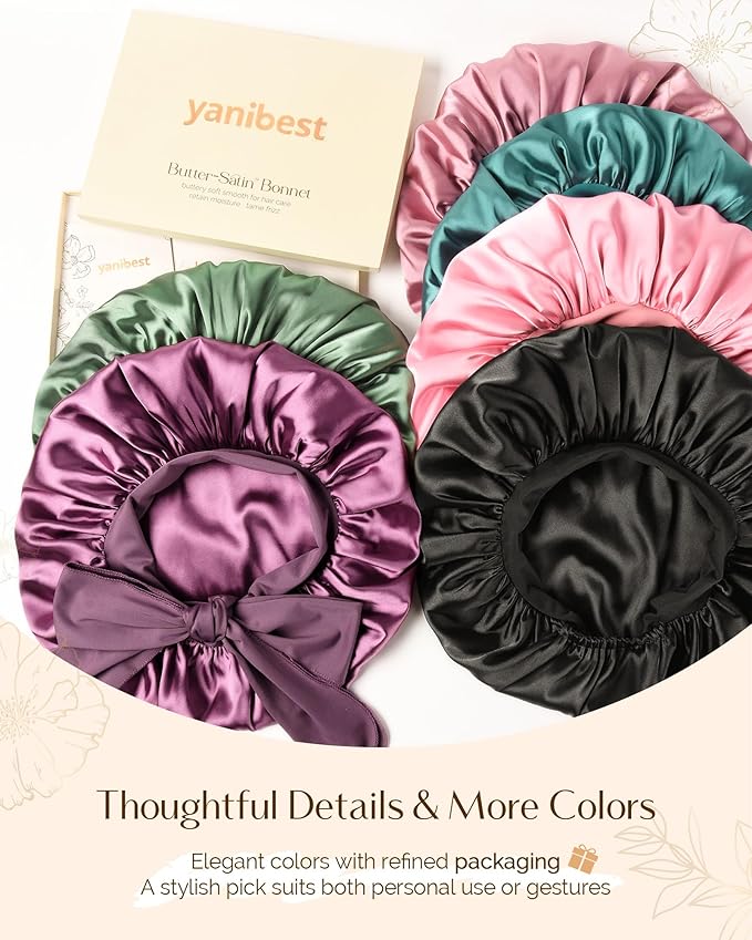 Yanibest Adjustable Satin Bonnet for Sleeping, Double Layer Silk Hair Bonnet with Tie Band for Unisex Women Men Curly Natural