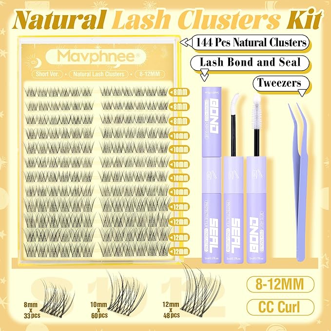 Natural Lash Clusters Kit 8-12MM Short Cluster Eyelash Extensions Kit Clear Band Cluster Lashes Wispy Eyelash Clusters CC-Curly Fluffy Individual Lashes with Lash Bond and Seal for Easy Application