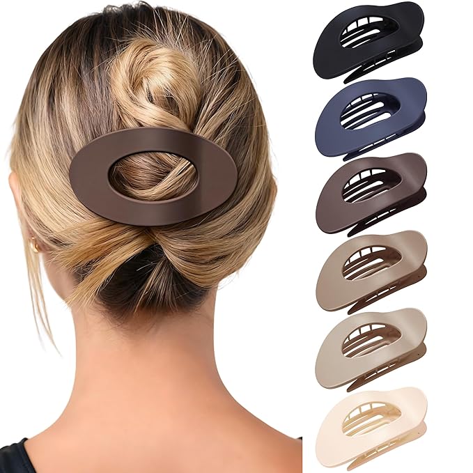 Mesovor 6 Pack Flat Hair Claw Clips, 4.33" Nonslip Large Round Lay Flat Hair Clips | Strong Hold French Flat Hairclips for Lying Down, Yoga, Driving (Brown Matte)