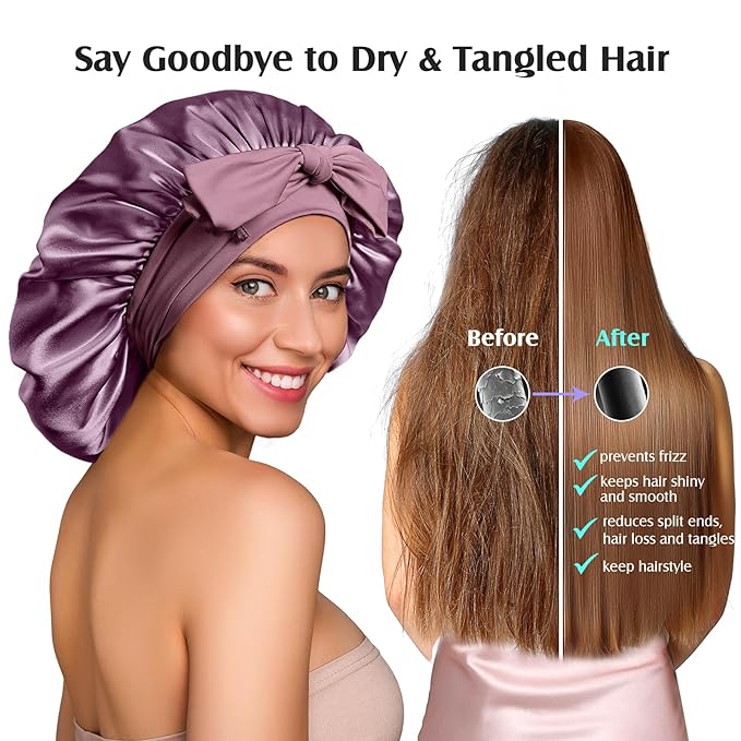 YFONG 100% 22 Momme Mulberry Silk Bonnet for Sleeping Women, Larger Double Layer Silk Hair Wrap for Curly Short Long Hair, Non-Slip Sleep Cap Turban with Elastic Tie Band for Hair Care, Deep purple