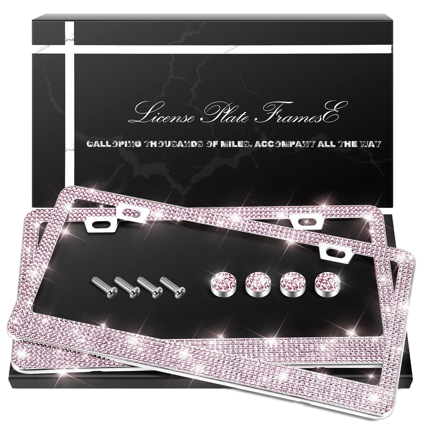 QUANQIUFEI 2 Pack Bling License Plate Frames, Sparkly Rhinestone Diamond Car License Plate Cover for Women, Stainless Steel Car Accessories with Glitter Crystal Caps (Light Rose)