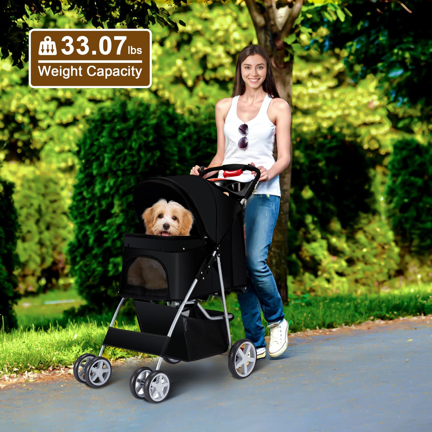 Azaeahom Pet Stroller, 4 Wheels Pet Strolling Cart for Medium/Small Dogs and Cats, Foldable Cat Jogger/Dog Stroller with Cup Holder, Storage Basket, Breathable Mesh, All-Season Pet Carrier, Black