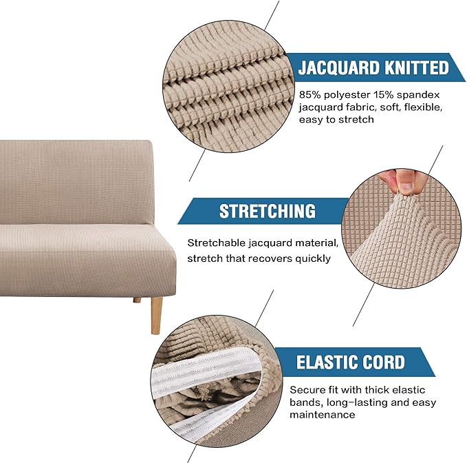 H.VERSAILTEX Armless Futon Cover Stretch Sofa Bed Slipcover Protector Elastic Feature Rich Textured High Spandex Small Checks Jacquard Fabric Futon Cover, Machine Washable, Sand