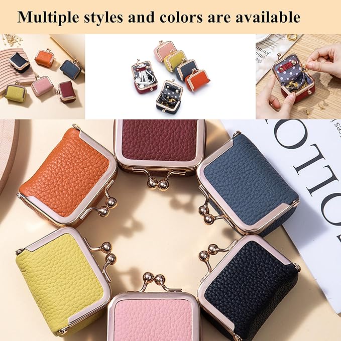 Genuine Leather Mini Jewelry Box, Small Portable Jewelry Organizer Box，Vintage-Inspired Travel Jewelry Case Organizer Kiss Lock for Women for Earring/Ring/Necklace/Bracelet (Golden S 2.56in)