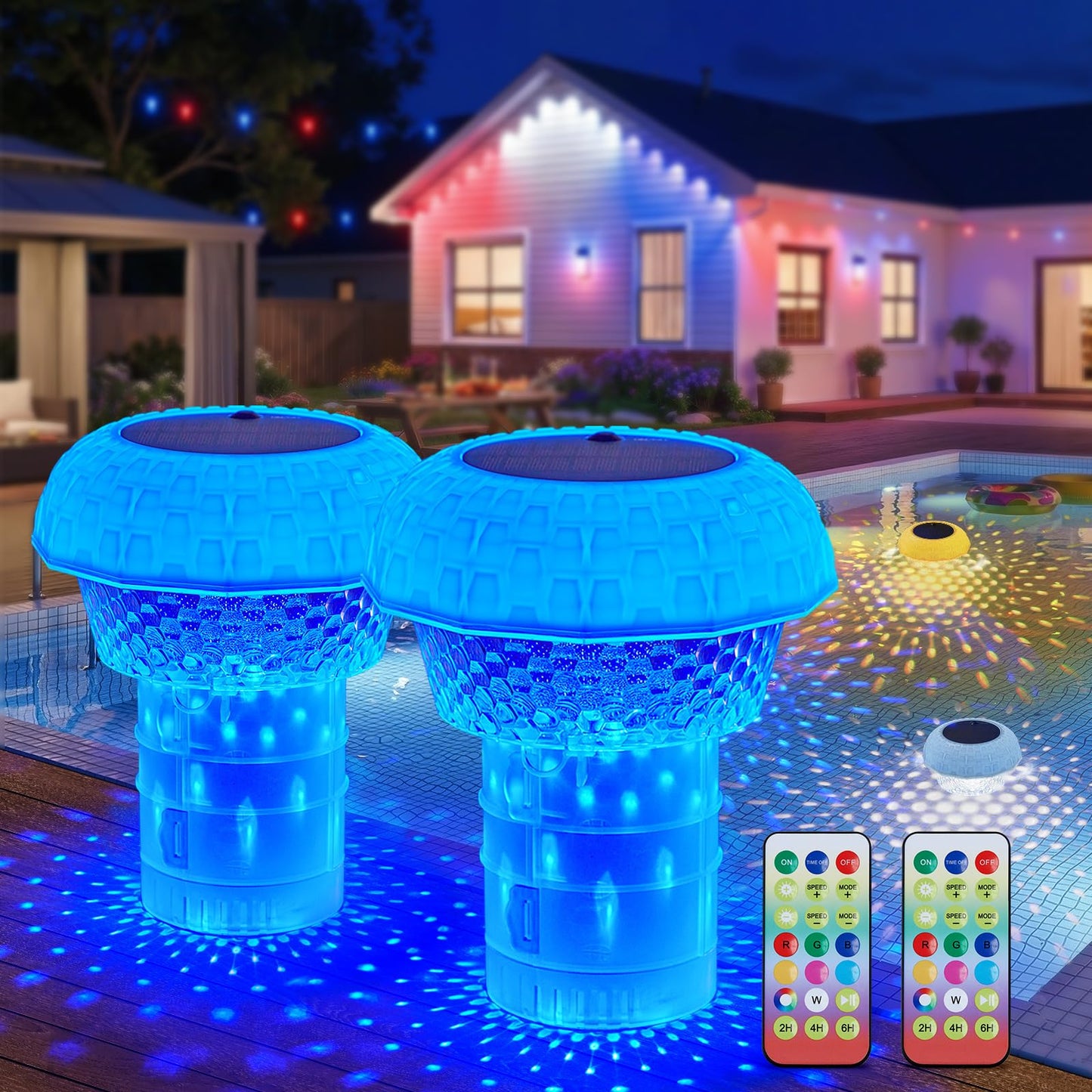 Brightown Floating Pool Lights Solar Powered 2 Pack, RGBWW Solar Pool Lights Chlorine Tablet Floater with 20+ Light Effects, Remote Control, IP68 Waterproof Pools Light for Pools, Hot Tubs, Party