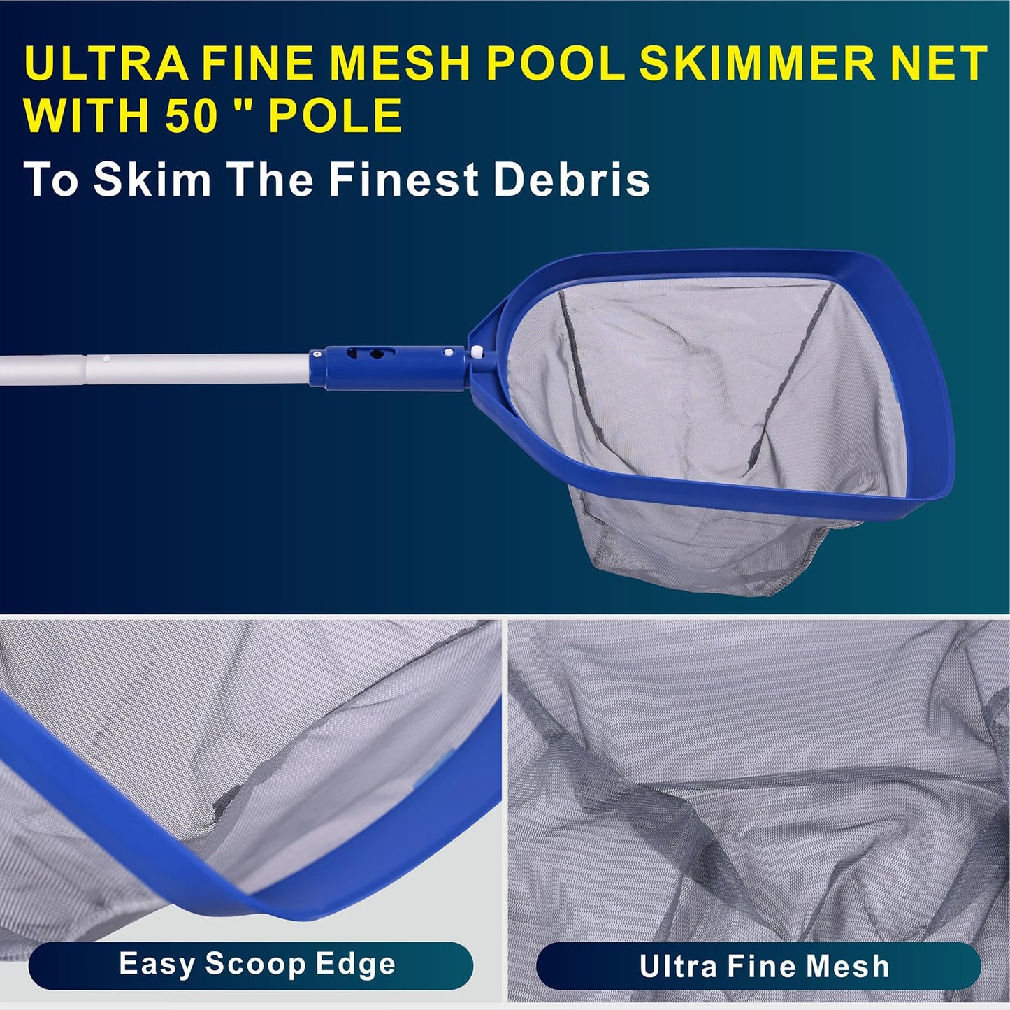 POOLAZA Pool Skimmer Net & Pool Brush Head with 50'' Aluminum Pool Pole