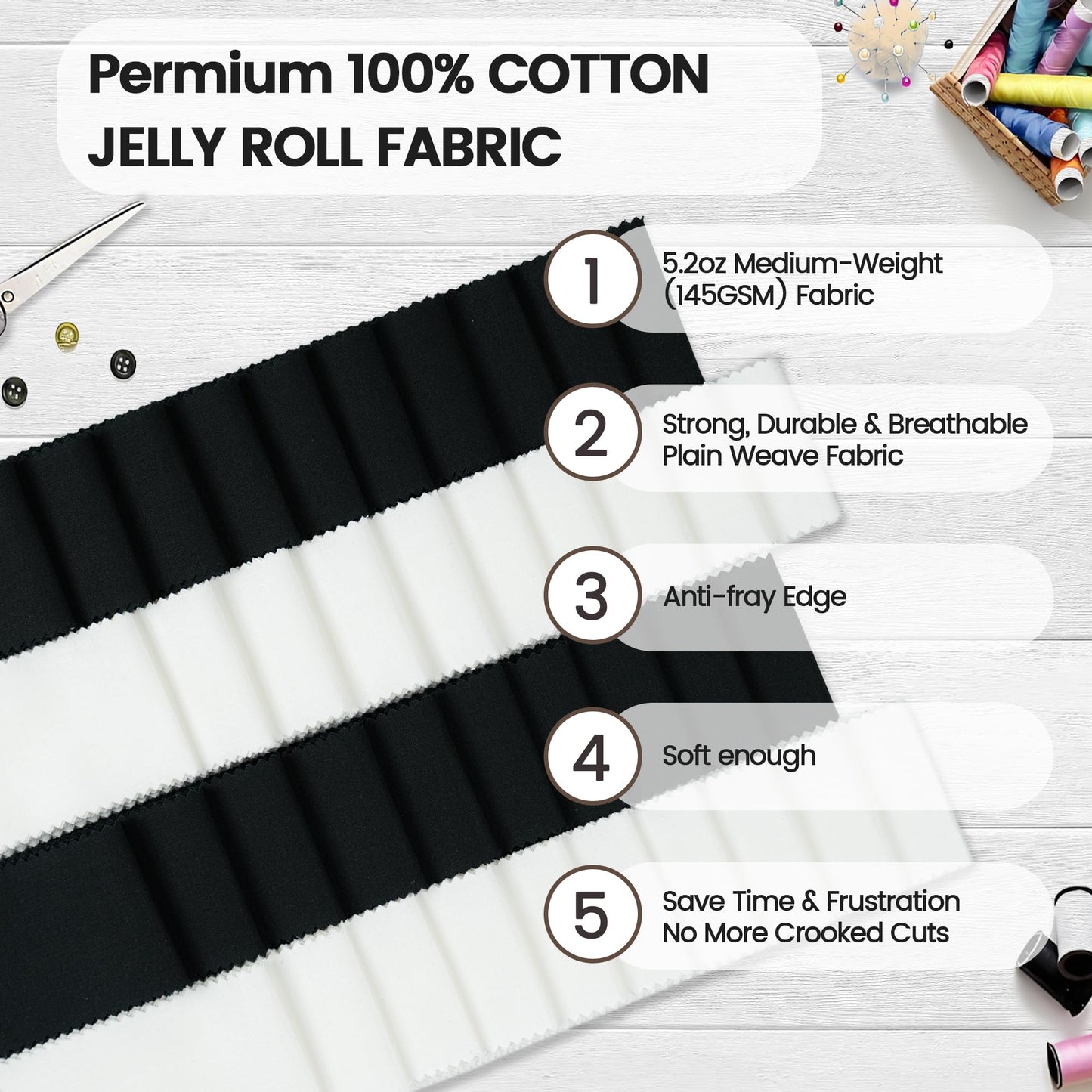 Craftido-18 Options-100% Cotton Jelly Roll Fabric Precut Strips for Quilting, Crafting, and Sewing, 40 Strips 2.5" x 44" Assorted Bundles for Rugs, Quilts, DIY Crafts and Home Decor-20 White+20 Black