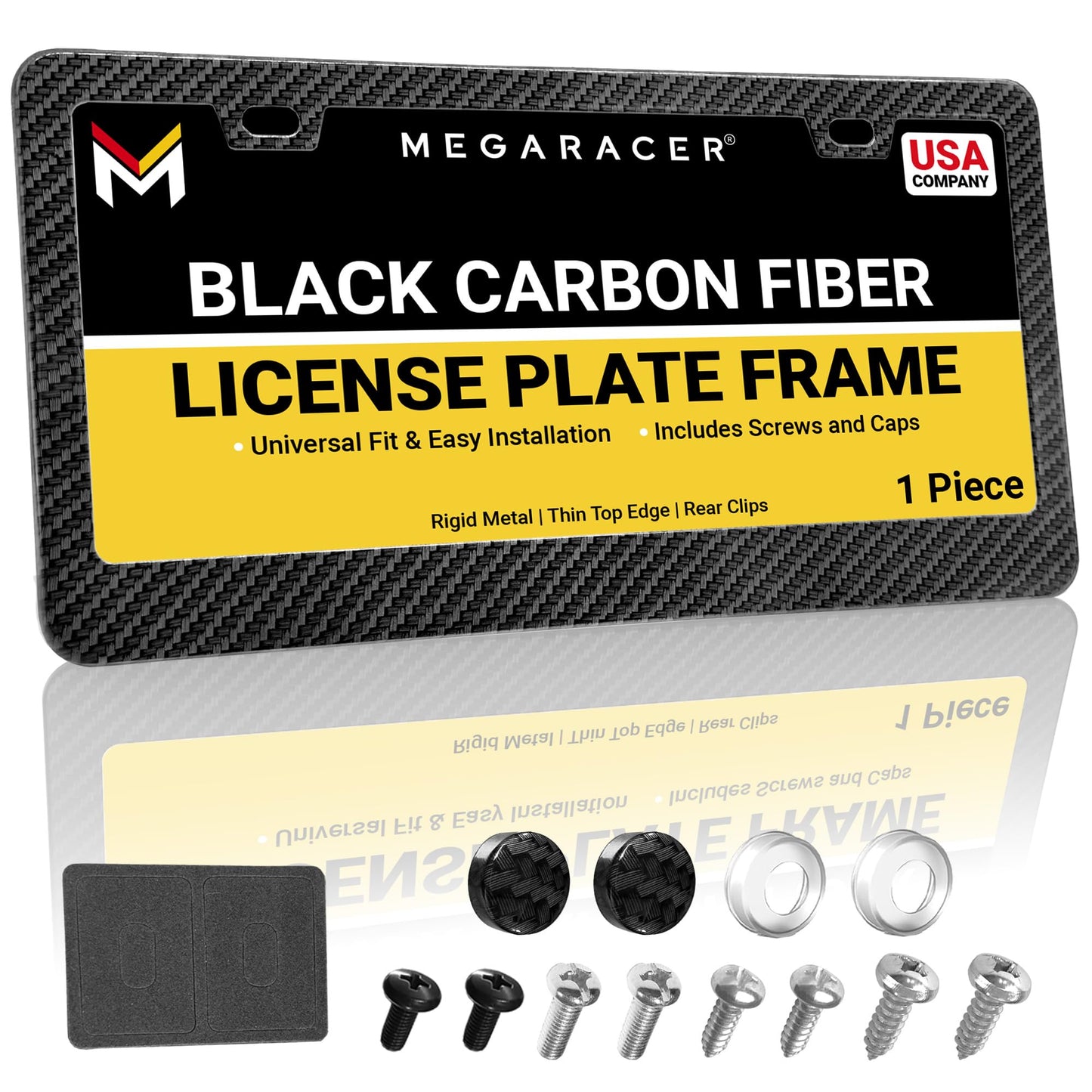 Premium Carbon Fiber Design License Plate Frame – 1 Piece, Rust-Free Stainless Steel, Rattle-Free, Universal with Screw Caps, Slim-Top, Thin Rigid Metal Car Tag Holder, Front Or Rear - Cool for Men