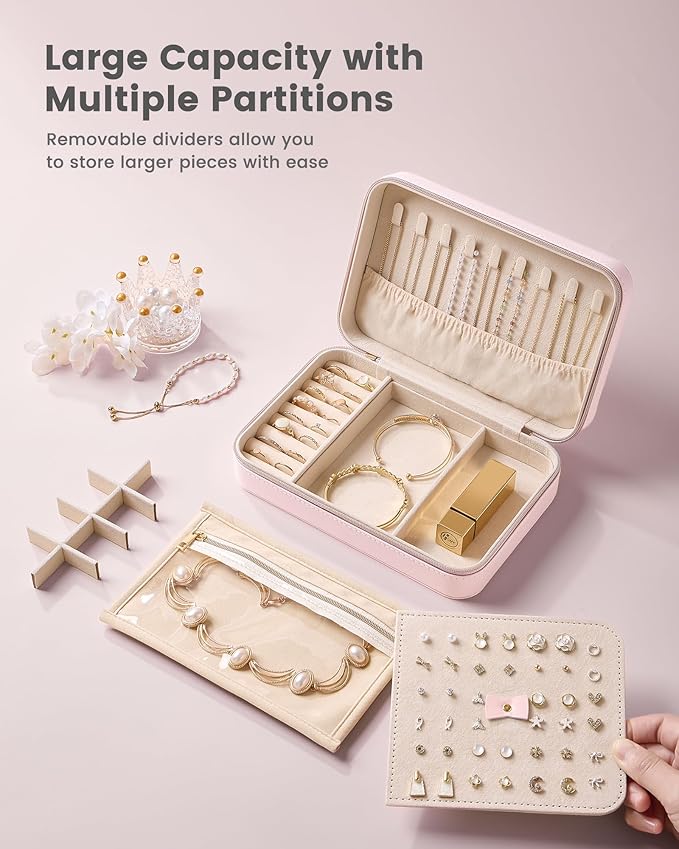 Lolalet Travel Jewelry Case for Women Girls, Travel Jewelry Organizer with Clear Storage Bag Small Portable Jewelry Box for Necklace Bracelet Earring Ring Birthday Bridesmaid Gifts -Large/Pink
