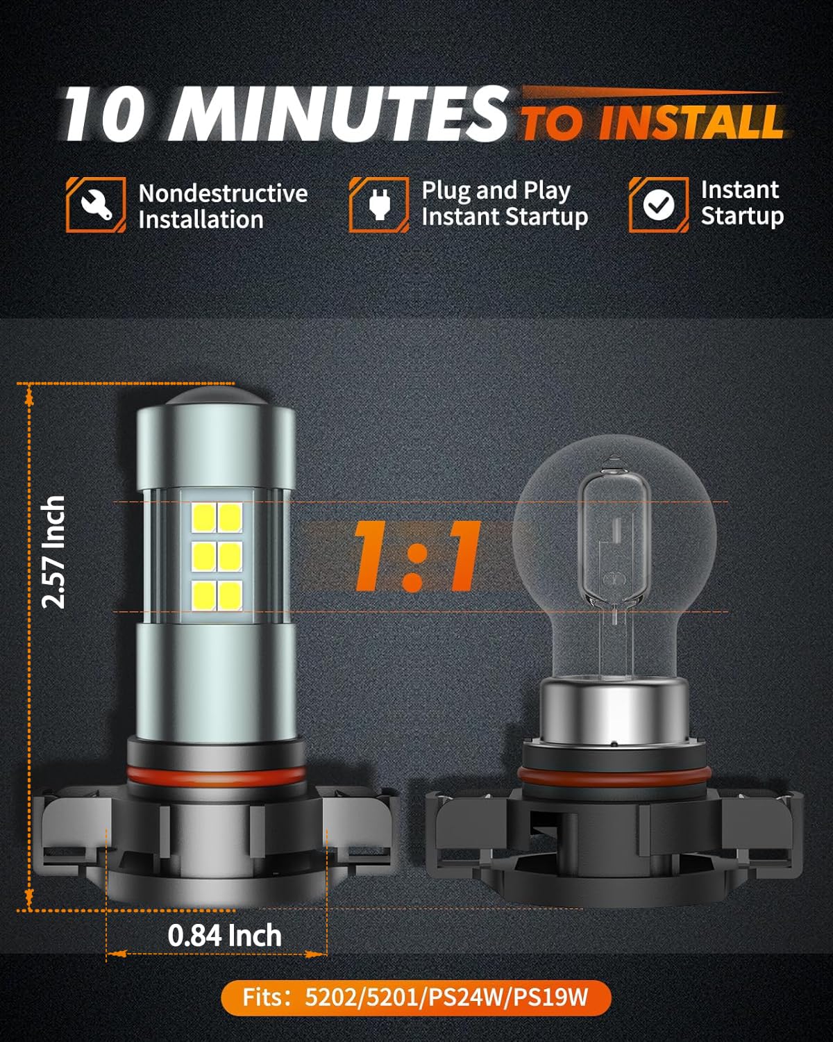 SEALIGHT 5202 LED Fog Light Bulbs, 6000K Xenon White, 27 SMD Chips DRL Bulbs, 5202 5201 PS19W PS24W 9009 LED Fog Light, Pack of 2
