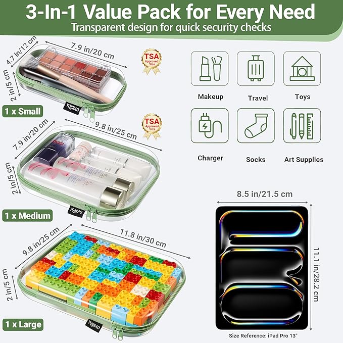 YQBRAO 3-Pack Clear Hard Shell Zipper Case Green, 1.2mm Heavy-Duty Crush-Proof Travel Makeup Bag, Multi-Size (L+M+S) Diaper Bag Organizer Pouches, Rigid Clear Zipper Pouches for Tech, Toys & Home