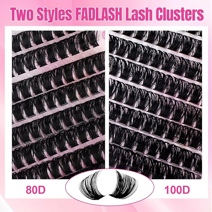 FADLASH Fluffy Eyelash Clusters 80D+100D Natural Lash Clusters Volume Lash Extensions 8-16mm D Curl for Beginners DIY at Home (80D+100D, 2 Pack)