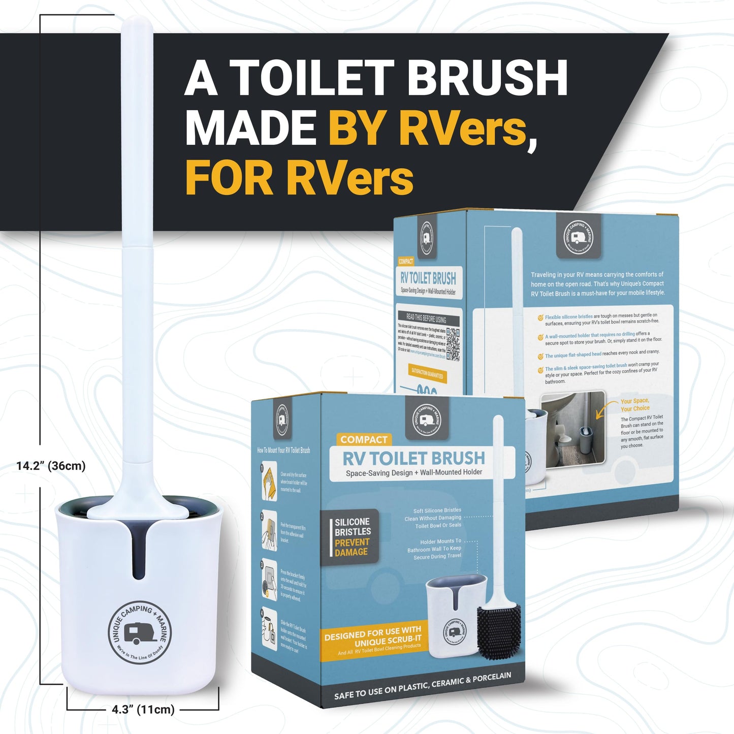 Unique Silicone RV Toilet Brush, Compact, Won't Damage Toilets or Seals, Wall-Mount No-Drip Holder