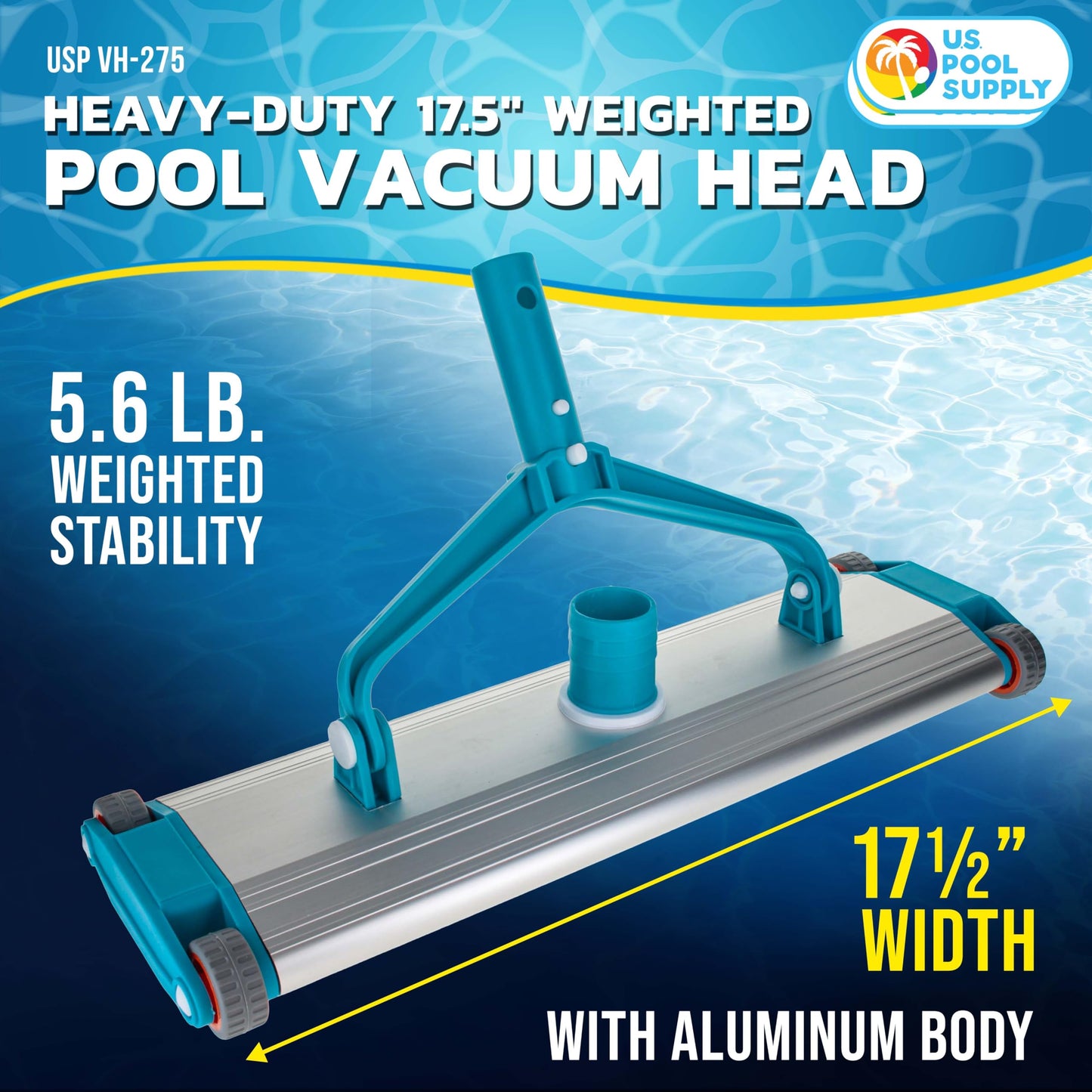 U.S. Pool Supply Heavy-Duty 17.5" Weighted Pool Vacuum Head with Aluminum Body - 5.6 lb Manual Inground Vacuum Head, Scrub Bristles, 1-1/2" Swivel Hose Connection - Concrete Pools, Clean Floor, Walls