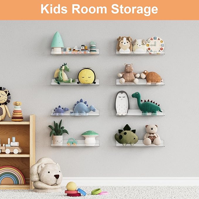 upsimples 14 Pack Acrylic Shelves Wall Organizer and Storage, 15" Display Shelf for Figure, Toy Cars, Perfume, Kids Bookshelf for Bedroom, Nursery, Craft Room, Clear