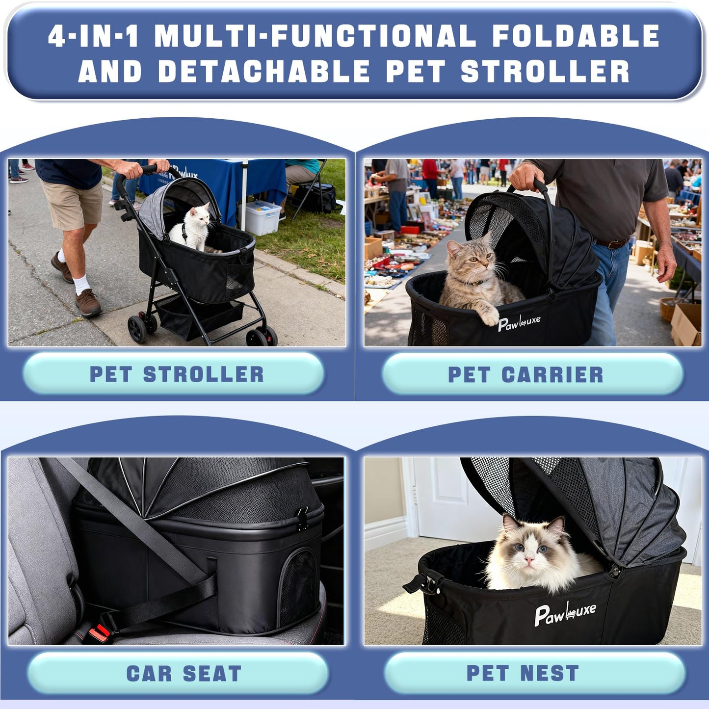 PawLuxe 4 Wheels Pet Stroller 4 in 1 Pet Stroller with Detachable Carrier for Small & Medium Dogs Cats up to 55 lbs Easy-Folding Travel Dog Wagon with Car Seat Breathable Mesh,Blue Cartoon