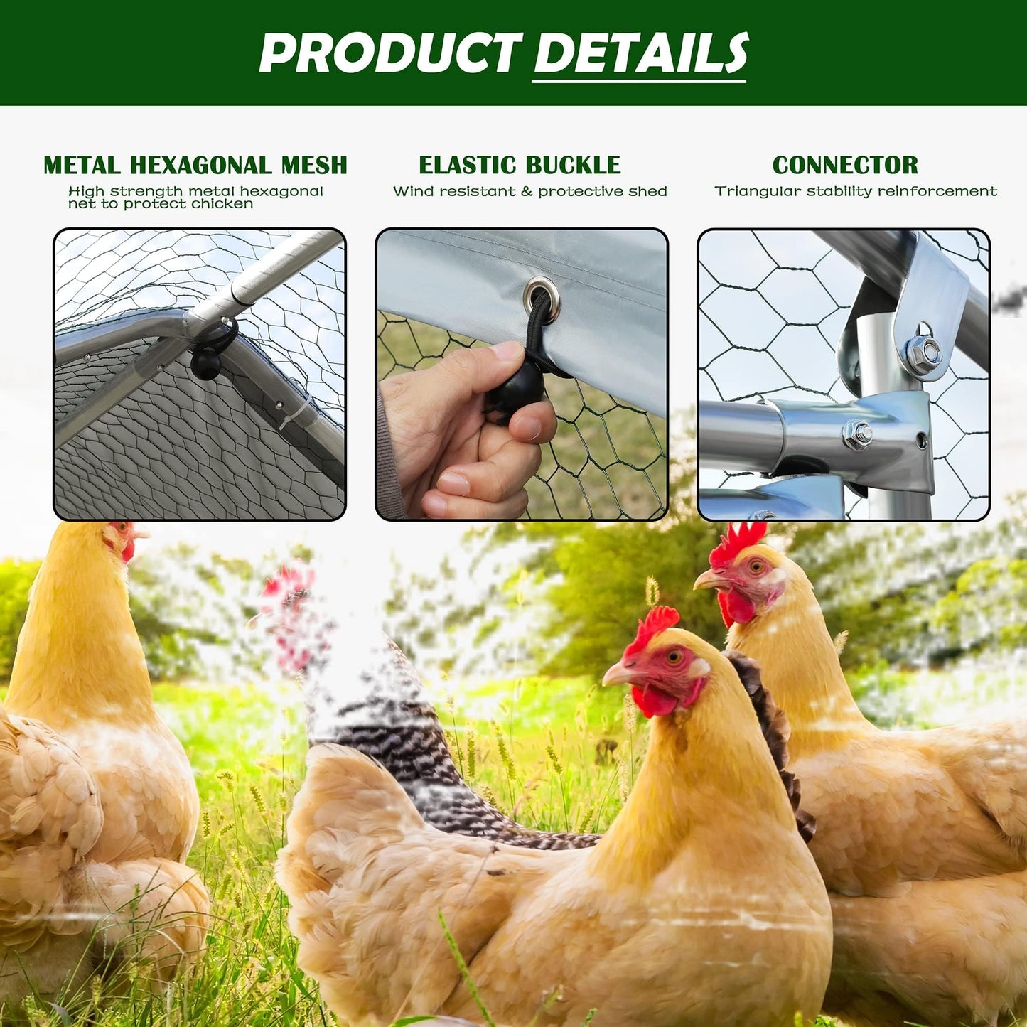Large Metal Chicken Coop Round Top Upgrade Tri-Supporting Wire Mesh Chicken Run,Chicken Pen with Water-Resident and Anti-UV Cover,Duck Rabbit House Outdoor (Spire Roof 10’ W x 26.2’ L x 6.5’ H)