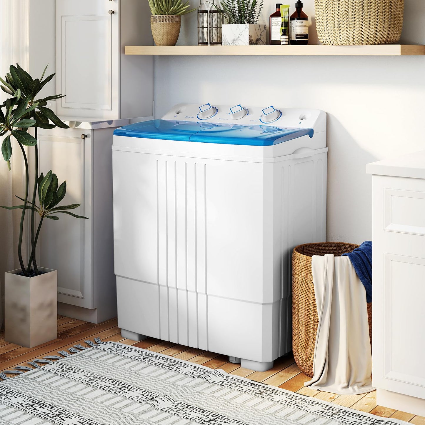 COSTWAY Portable Washing Machine, Twin Tub 20 Lbs Capacity with Drain Pump, Laundry Washer 12 Lbs and Spinner 8 Lbs with Timer Control, Perfect for Apartment Dorm RV, Blue+White