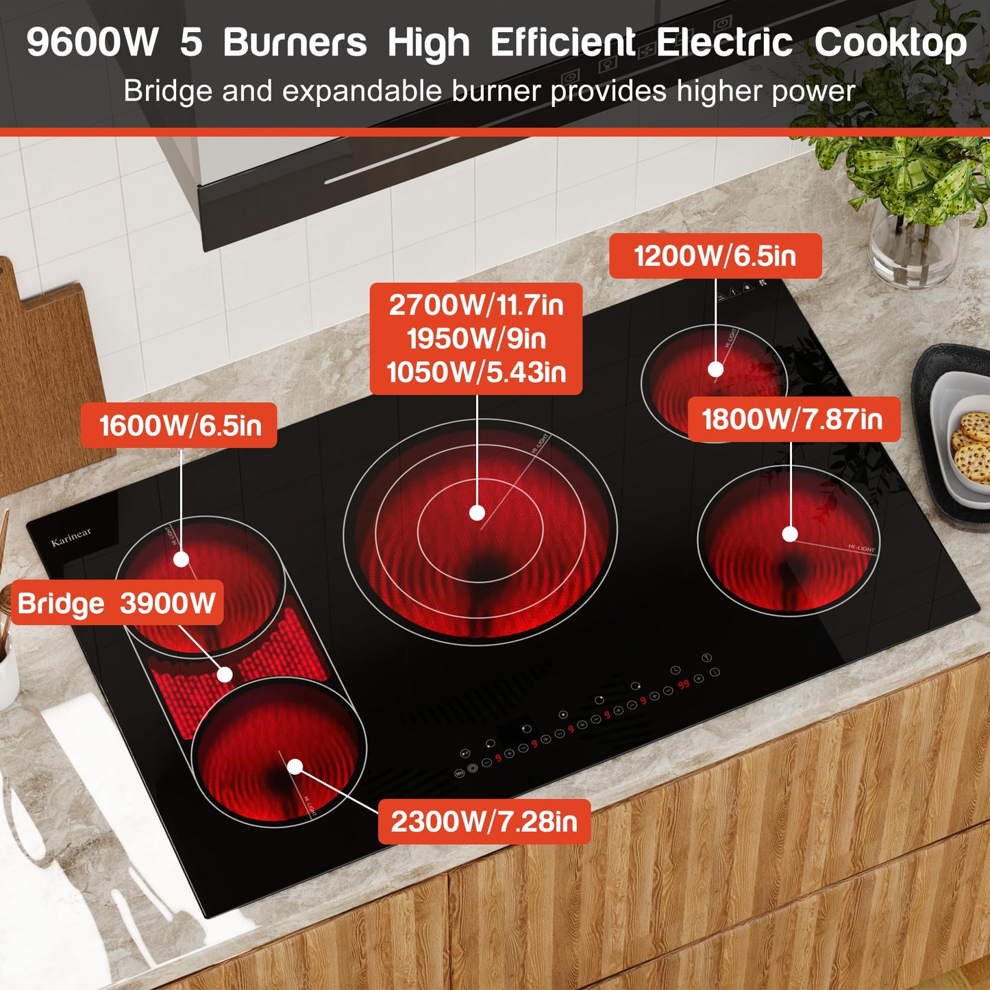 Karinear 36 Inch Electric Cooktop, Flexible Bridge &Triple Ring Expandable Burners, Pause, Timer, Child Safety Lock, 9600W Built-in Ceramic Cooktop
