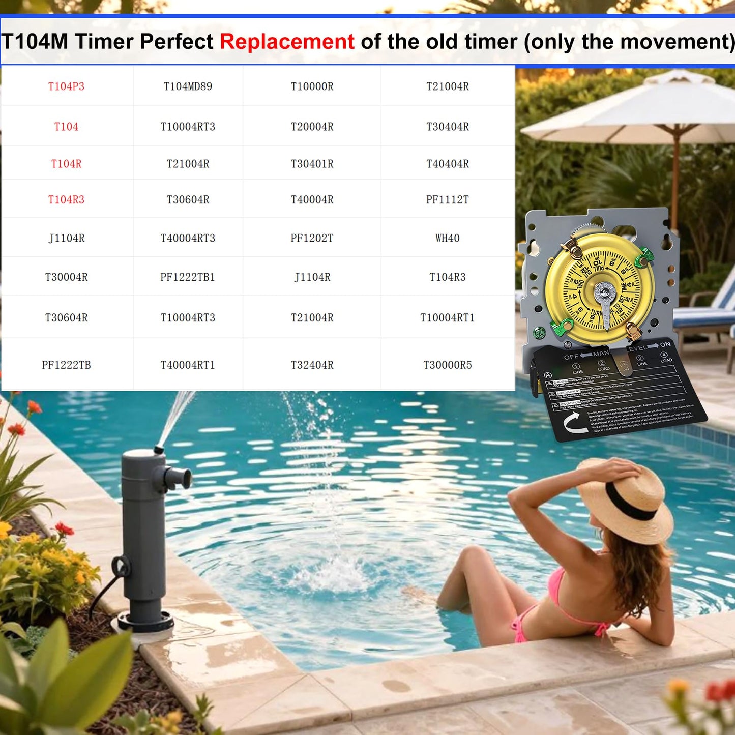 T104M Pool Timer Mechanism Only, Pool Pump Timer, 208-277V 40A Time Switch, 24 Hour 12 ON/Off for Pool Pump, Heavy-Duty Mechanical Time Switches,Time Switch Mechanism Only, 5 Years Warranty