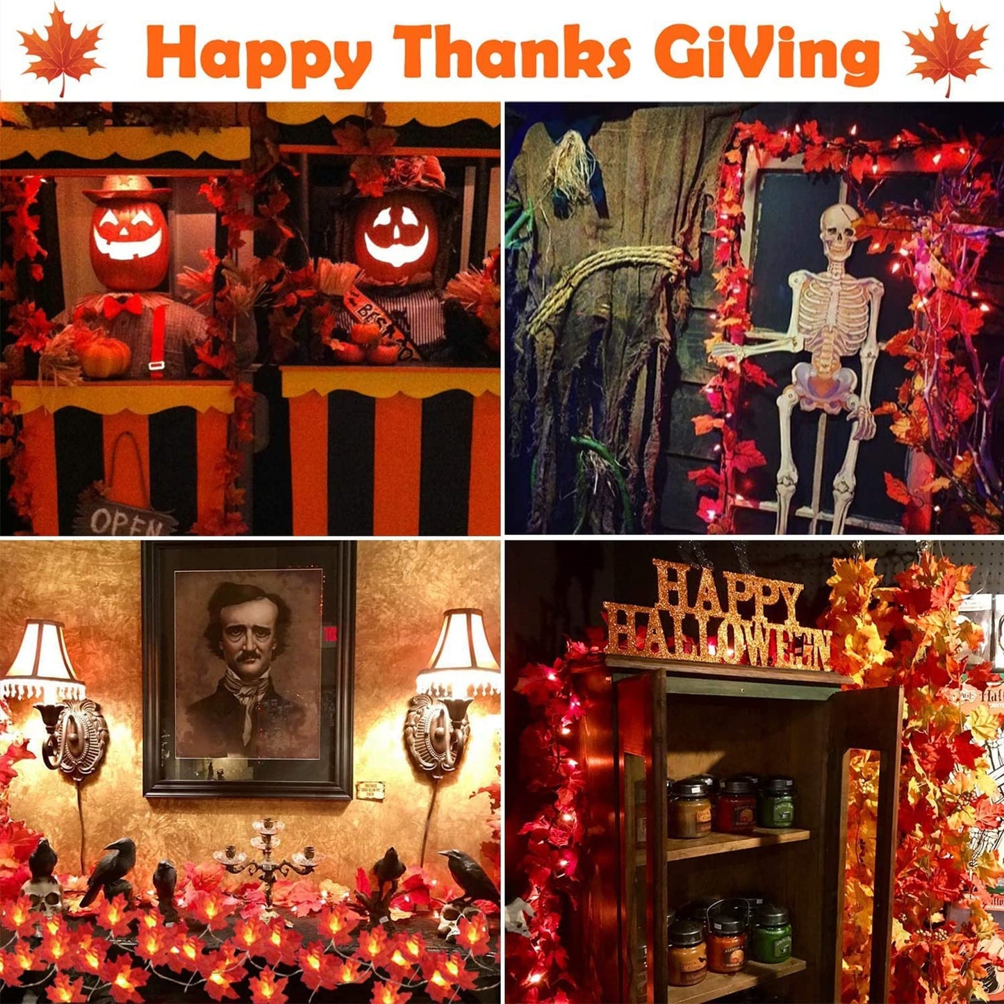 TURNMEON 6 Pack Thanksgiving Decorations Enlarged Maples Leafed Garland, 60Ft 120LED Fall Decor for Home Fall Lights, Battery Operated Waterproof Thanksgiving Decor Indoor Outdoor Christmas Halloween