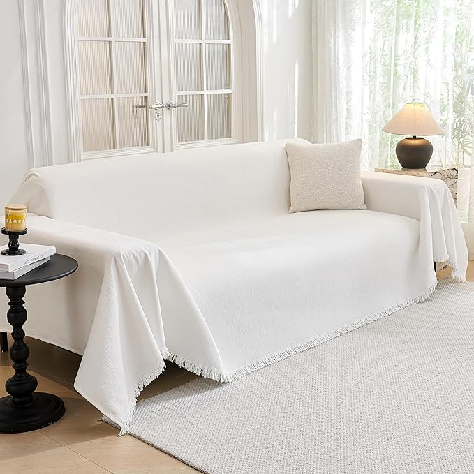 MYSKY HOME Sofa Covers for 2 Cushion Couch L Shaped Couch Cover Washable Couch Cover with Tassels Boho Couch Cover Non Slip Super Universal Soft Sofa Slipcover for Kids, Dogs, Pets, 71"x118", White
