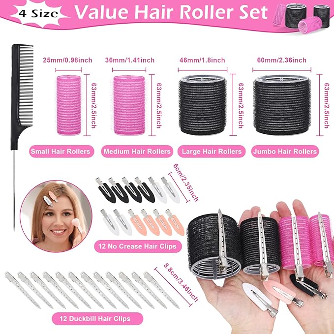 50Piece Hair Rollers Set, Self-Grip Rollers Hair Curlers for Long Medium Short Hair, 4 Sizes of Hair Rolls(6 Jumbo + 6 Large + 6 Medium + 6 Small + 1 Storage Bag), and 24Pcs Clips/1Pcs Comb