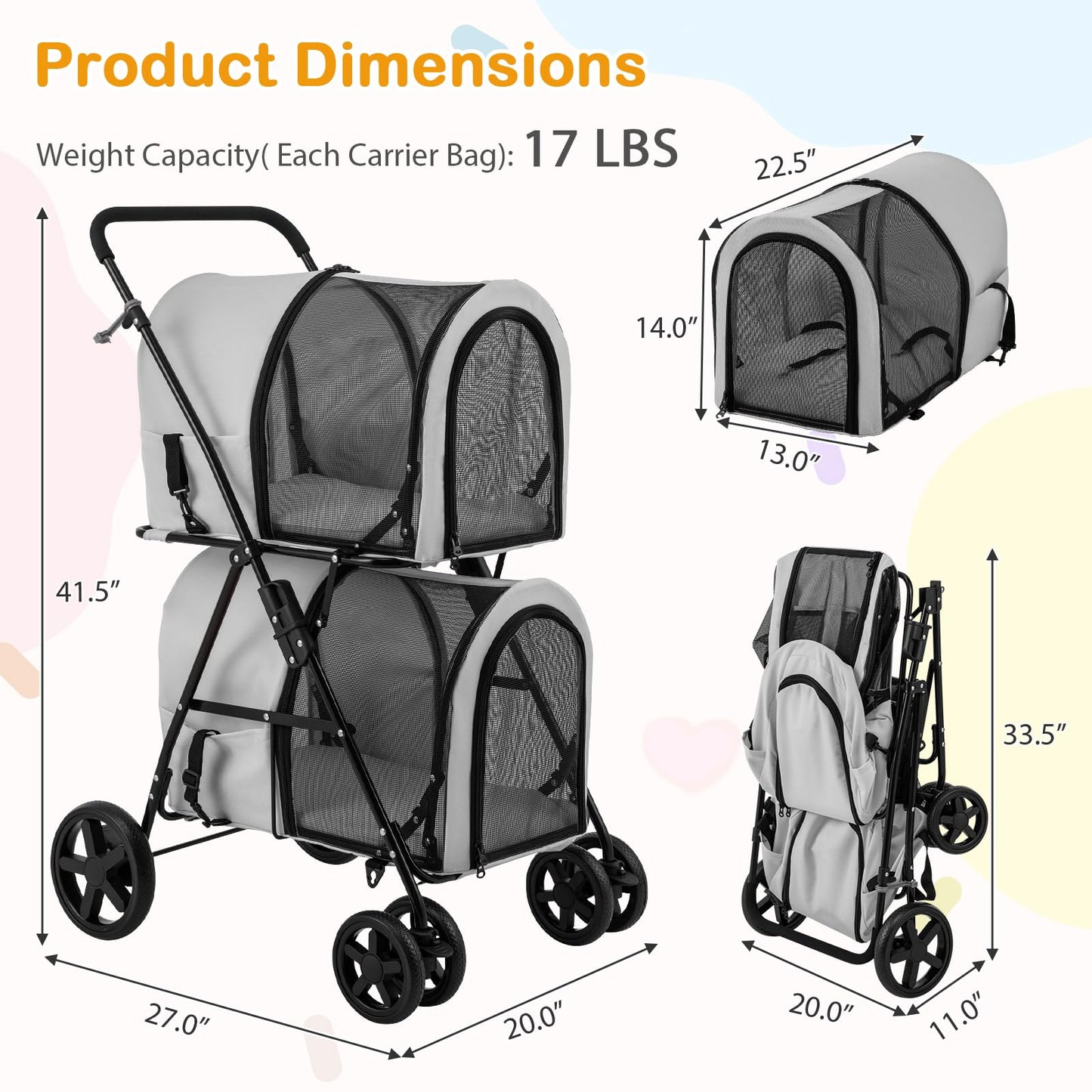 Giantex Double Pet Stroller with 2 Detachable Carrier Bags, Safety Belt, 4 Lockable Wheels, Folding Cat & Dog Stroller for Small Medium Pets, Cats Dogs Puppy Travel Strolling Cart (Gray)