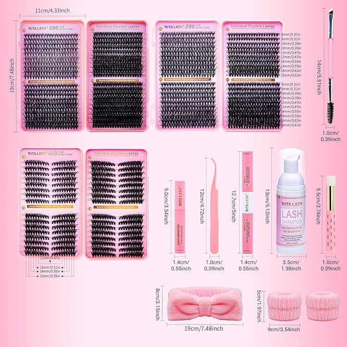 Lash Clusters Kit Eyelash Clusters Kit Cat Eye Lashes Large Pack Cluster Eyelash Extensions Lash Extension Kit PestaÃÂ±as Postizas Naturales with Lash Bond&Seal,Remover,Tweezers,Cleanser(Lash Kit-5)