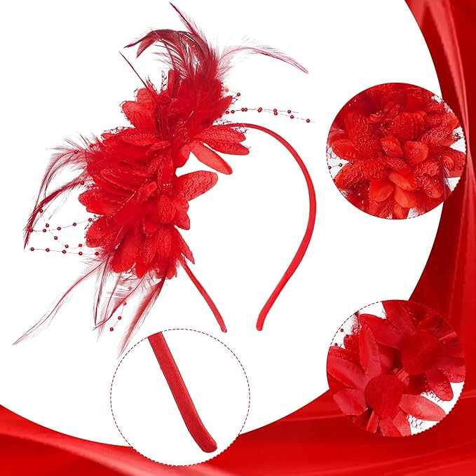 Womens Fascinators Hats Tea Party Hats for Women, Feather Pearl Veil Headband for Wedding Cocktail Dresses Accessories