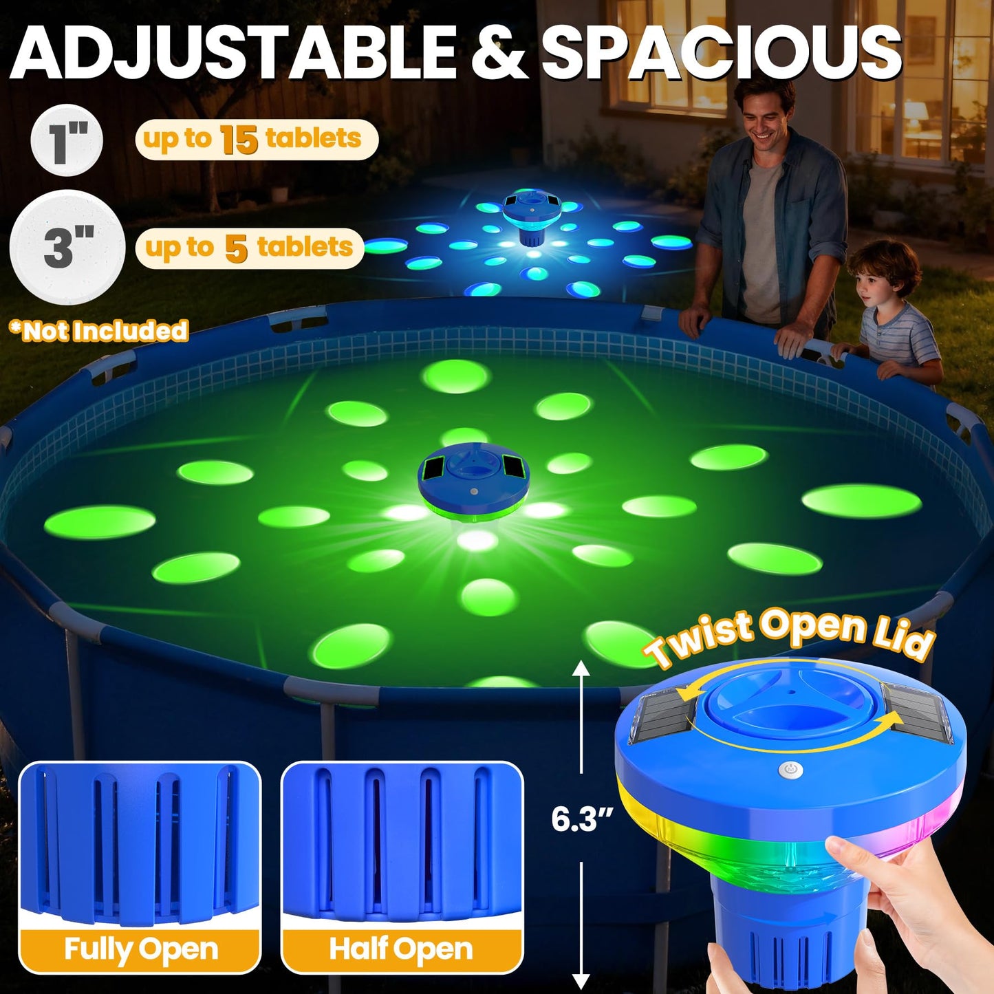 AquClor 2026 New Pool Chlorine Floater,Large Capacity Chlorine Floaters for 5 * 3'' Chlorine Tabs,Solar Chlorine Floater w/Light,Adjustable Floating Chlorine Dispenser for Pool,Hot Tub,Blue