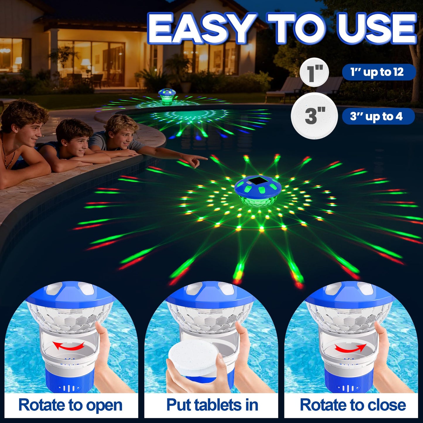 AquClor Chlorine Floater with Light,Pool Chlorine Floater with Adjustable Flow,Solar Chlorine Floater w/Large Capacity,Collapsible Floating Chlorine Dispenser for Pool,Hot Tub Chlorine Floater,Blue