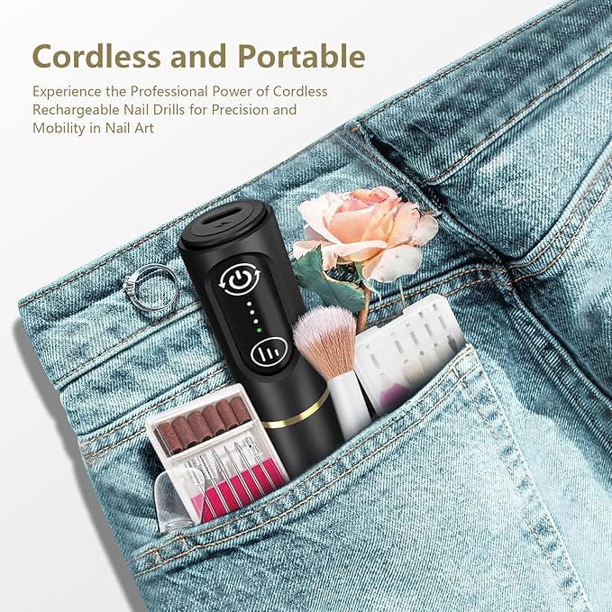 Cordless Nail Drill Electric Rechargeable File Kit, Professional Efile Acrylic Gel Nail Polish Remover Pedicure Manicure Machine Portable Set with 11 Bits 56 Sanding Bands for Salon Black
