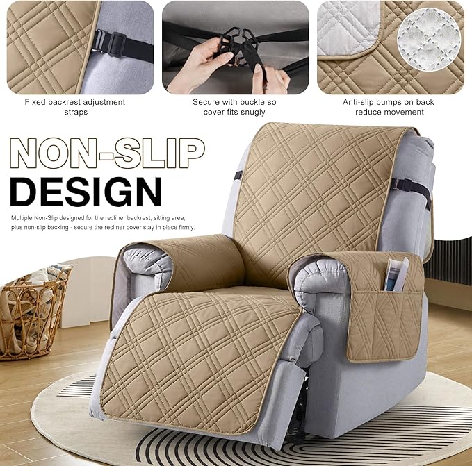 TAOCOCO Waterproof Recliner Chair Covers 30 Inch Wide, Oversized Recliner Covers for Recliner Chair with Pocket, Recliner Slipcovers with Straps Furniture Protector for Kids Pets (30'', Camel)