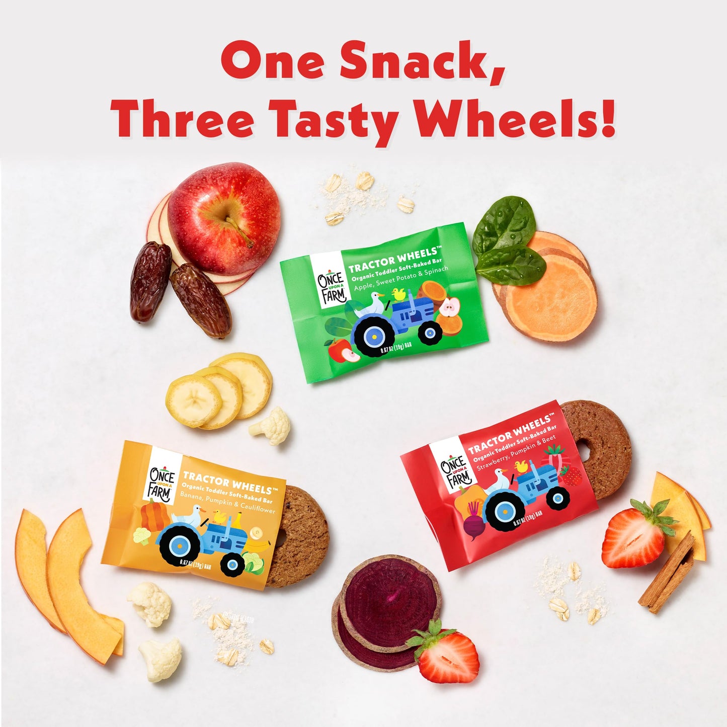 Once Upon a Farm | Organic Toddler Soft-Baked Bar Tractor Wheels Variety Pack | Apple, Strawberry, Banana | Made with Real Fruit & Veggies | No Added Sugar | 30 Bars
