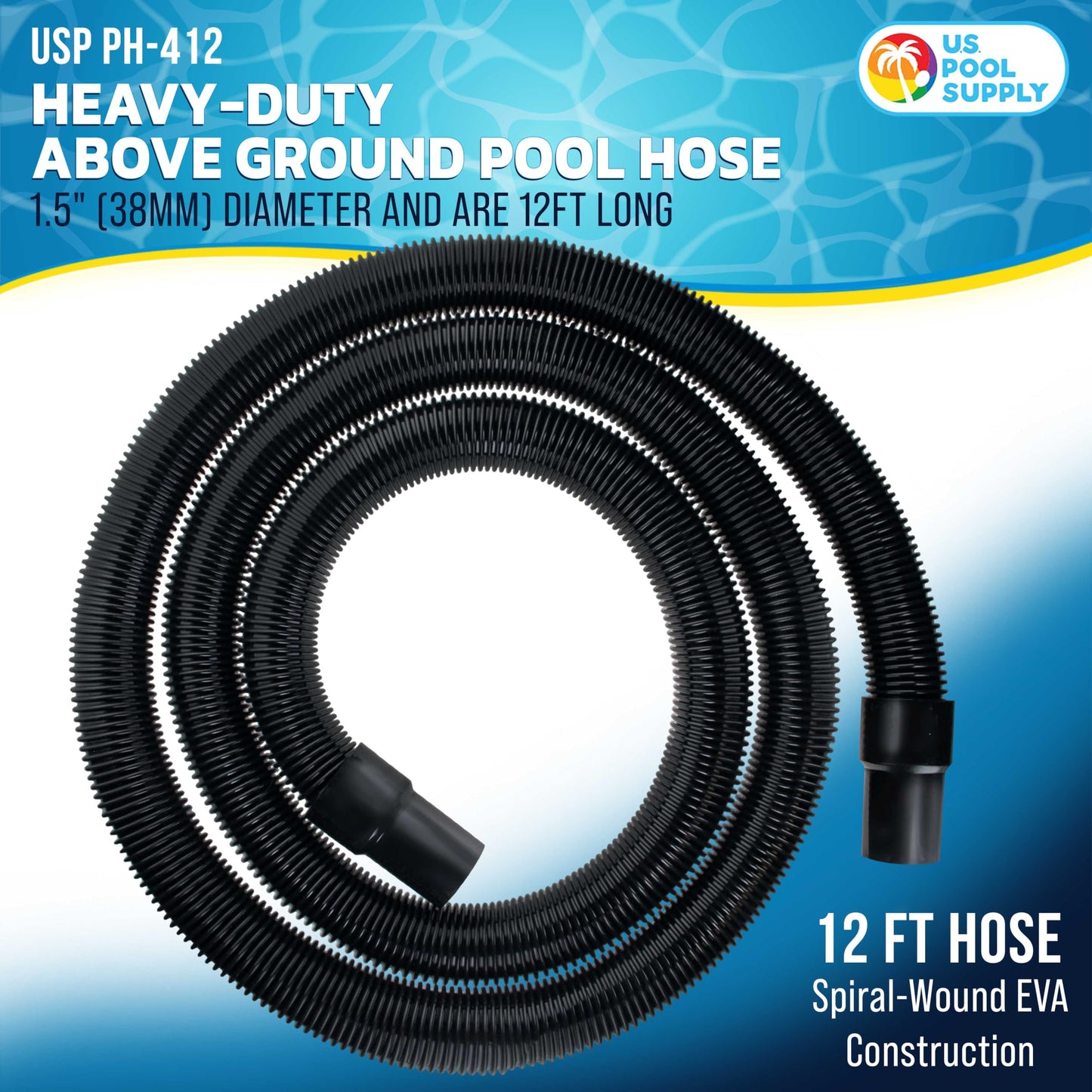U.S. Pool Supply 12 Foot Heavy-Duty Above Ground Pool Hose, 1.5" - Black Replacement Filter Connecting Hose, Flexible Spiral Wound EVA - Compatible with Intex for Pool Filter Pumps -Skimmer Pump