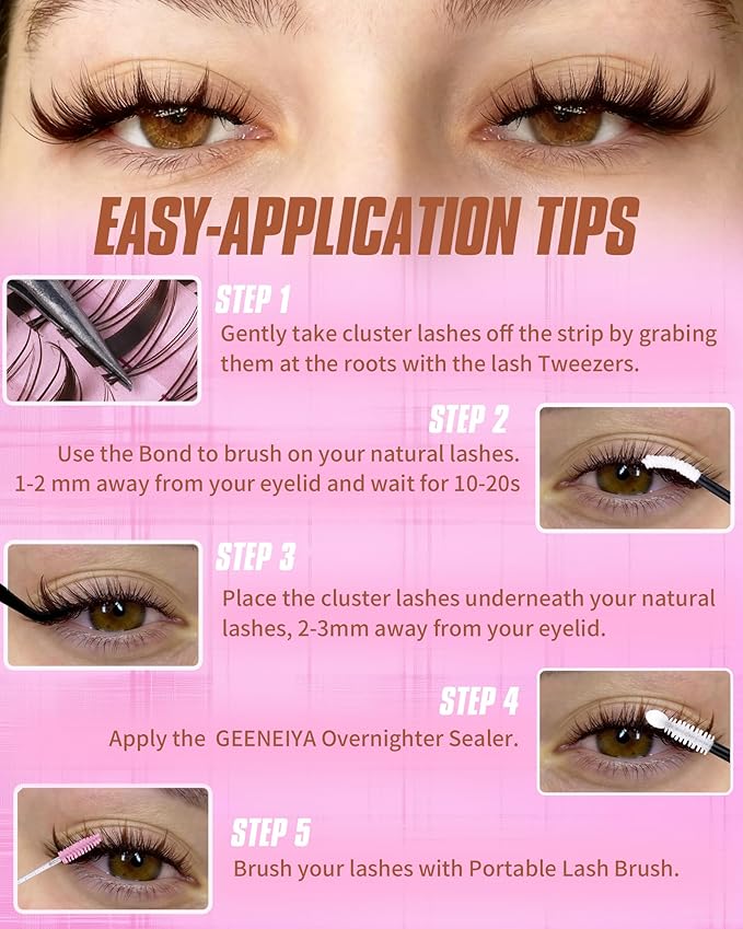 Geeneiya BROWN MANGA Lashes Clusters Kit DIY Lash Extension, 8-18MM Invisible Band Lash Clusters, Soft C Curl Cluster Eyelash Extensions Kit with Waterproof Lash Bond and Seal, Lash Remover, Tweezers