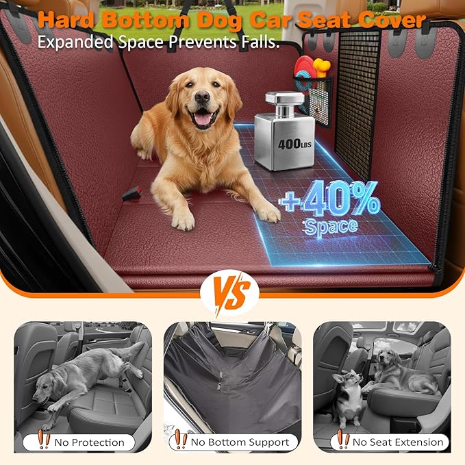 URPOWER PU Leather Backseat Extender for Dogs, Hard Bottom Dog Car Seat Cover for Back Seat, Waterproof Dog Car Hammock Anti-Scratch Pet Rear Seat Protector Travel Bed for Car and SUV