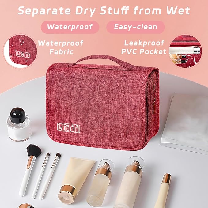 Toiletry Bag Travel Bag with Hanging Hook, Waterproof Capacity Hanging Multifunctional Makeup Bag for Toiletries, Portable Cosmetic Bag Travel Organizer for Women and Men (Red)