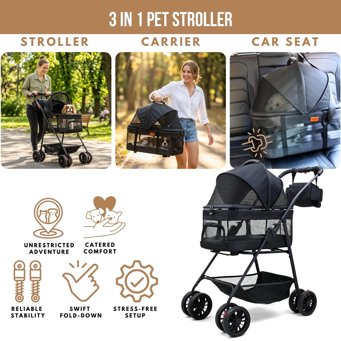 Bicystar Pet Stroller for Small Dogs Cats with Wheels, Detachable Carrier, Max Load 33 lbs, Easy Folding, Compact Portable, Dog Carriage Cart Car Seat 3 in 1