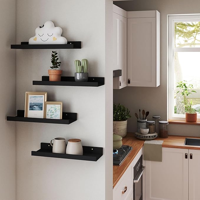 RICHER HOUSE 4 Set Floating Wall Mounted Shelves, Black Shelves for Wall Decor, Modern Picture Ledge Shelf with Lip for Storage, Nursery, Bedroom, Living Room, Bathroom - Black