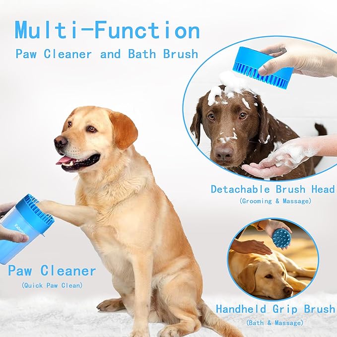 Dog Paw Cleaner Kit for L/XL Dogs - Quick Clean No Full Bath, 2-in-1 Paw Wash Cup with Detachable Silicone Brush Head, Includes Bath Brush & 3 Absorbent Towels, Blue