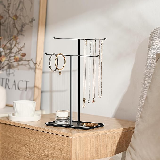 pickpiff Necklace Holder Jewelry Organizer Stand Ã¢ÂÂ 2Ã¢ÂÂTier TÃ¢ÂÂBar Jewelry Display Tree with Tray for Countertop Necklace Bracelet Earring Storage, Vanity Dresser Bathroom Sink, Black