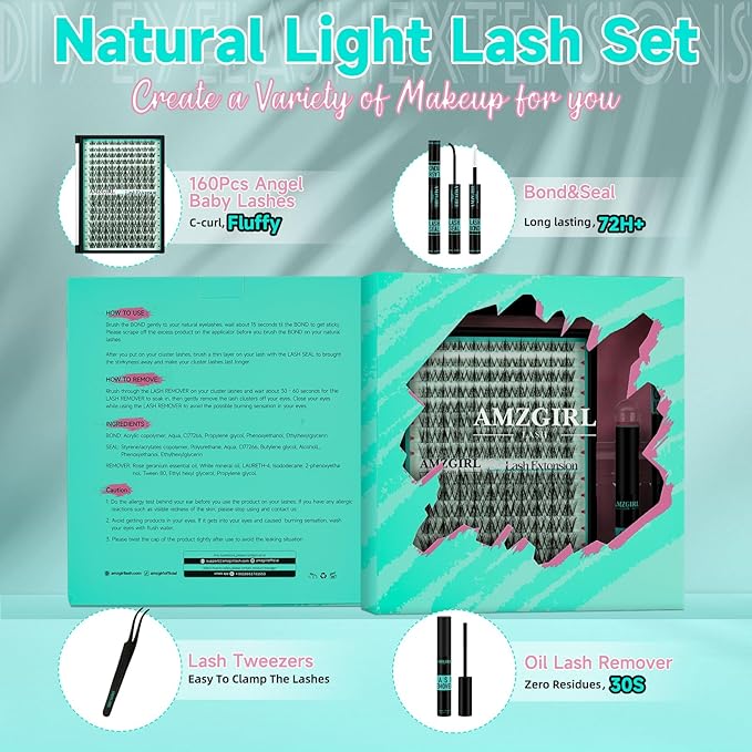 Natural Lash Clusters Kit 160Pcs Manga Eyelash Extensions Kit with Invisible Band D Curl Wispy Clusters Lashes with Waterproof Lash Bond and Seal, Lash Remover and Tweezer(Angel Baby Kit-Mix8-16mm)